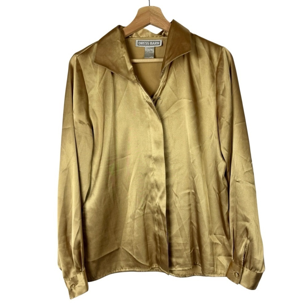 Vintage Dressbarn Gold Satin Long Sleeve Button Down S‎